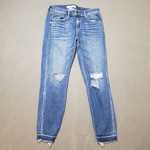 Hidden Jeans | Distressed Blue Jeans size 27 cropped, frayed hem.